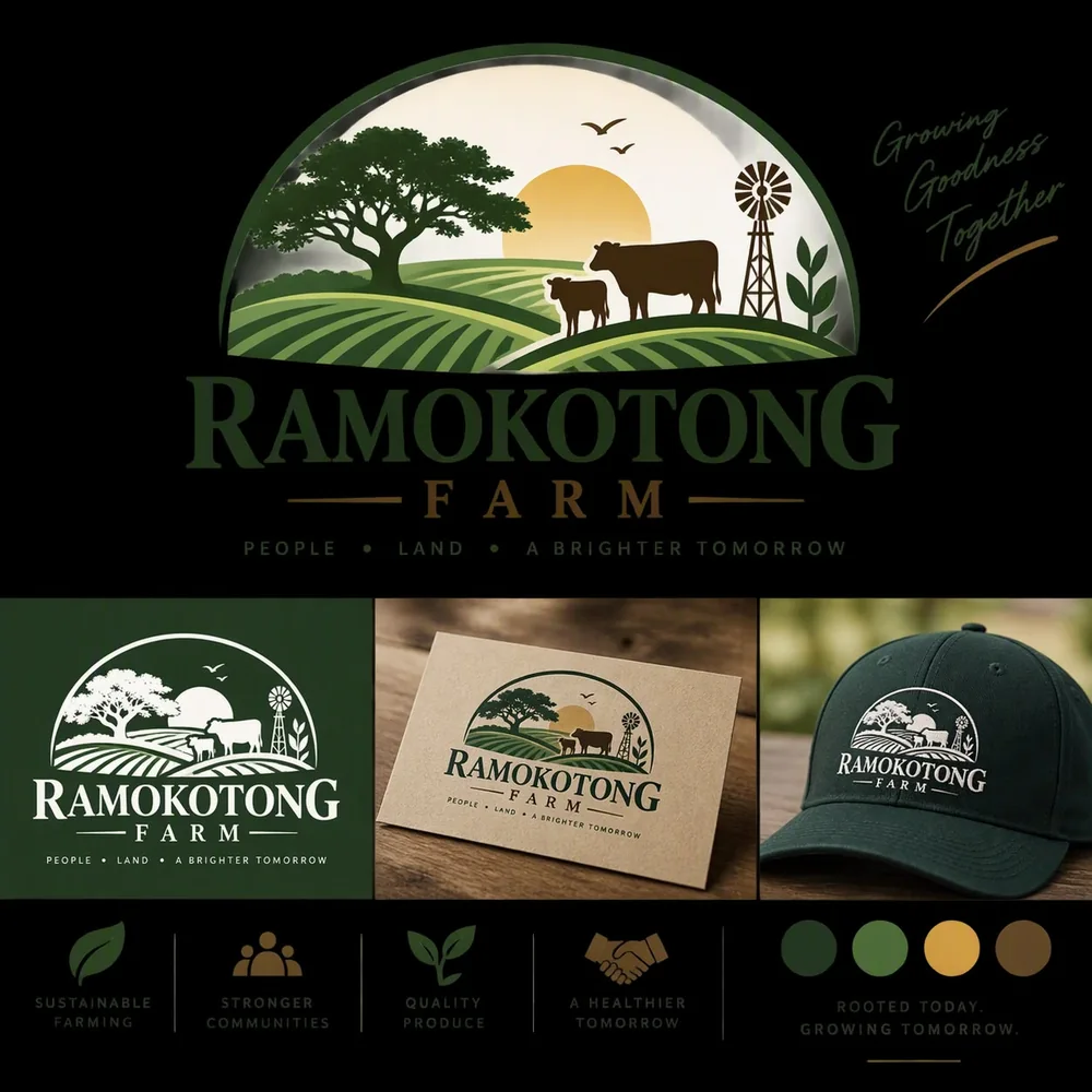 Ramokotong Farm brand board showing the farm logo, colour palette and stated values